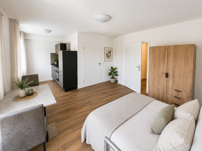 Appartement mit Einbauküche, Bett, Schrank und Tisch mit Stühlen (mit KI möbliert)