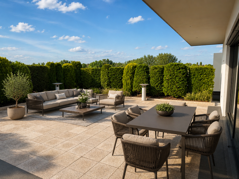 Dachterrasse - Dieses Bild wurde mithilfe von KI virtuell möbliert